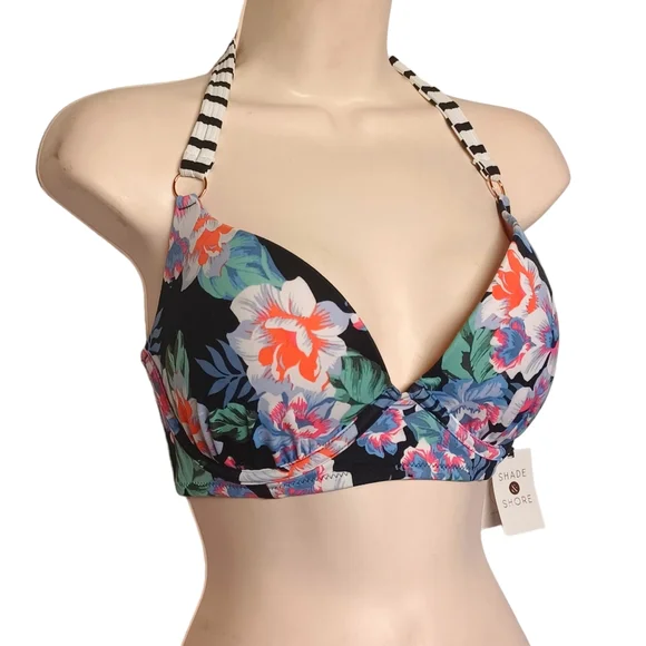 SHADE & SHORE Colorful Blue Floral Print White Stripe Halter Bikini Top 34D - Picture 1 of 9